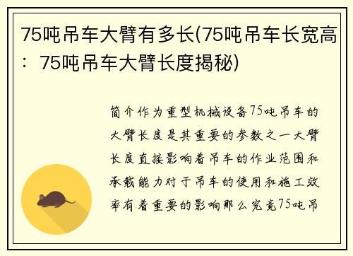 75吨吊车大臂有多长(75吨吊车长宽高：75吨吊车大臂长度揭秘)