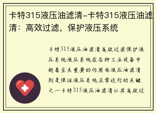 卡特315液压油滤清-卡特315液压油滤清：高效过滤，保护液压系统