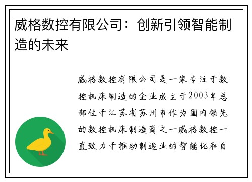 威格数控有限公司：创新引领智能制造的未来