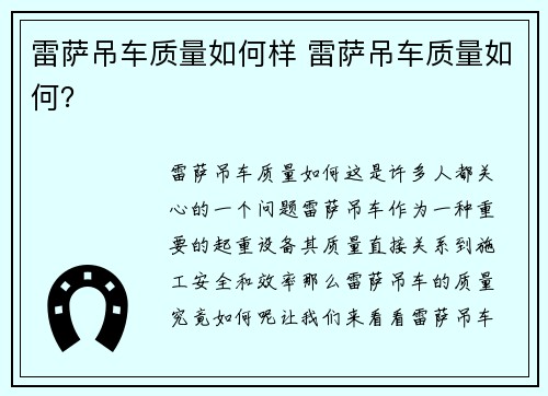 雷萨吊车质量如何样 雷萨吊车质量如何？